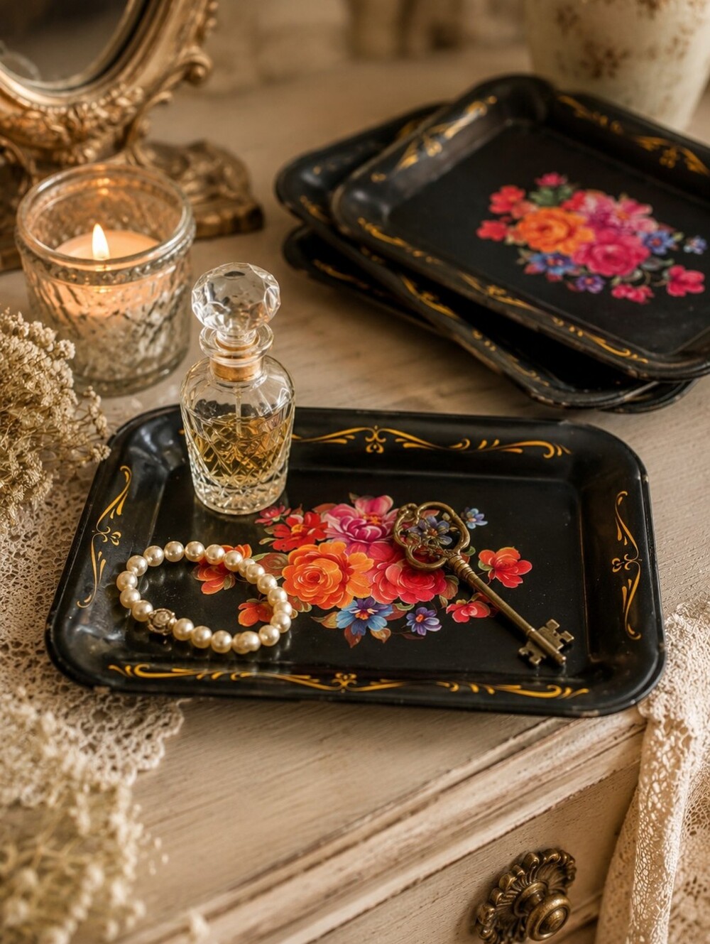 Set of 4 Vintage Floral Tole Trinket Trays Black Gold Cottagecore Vanity Decor